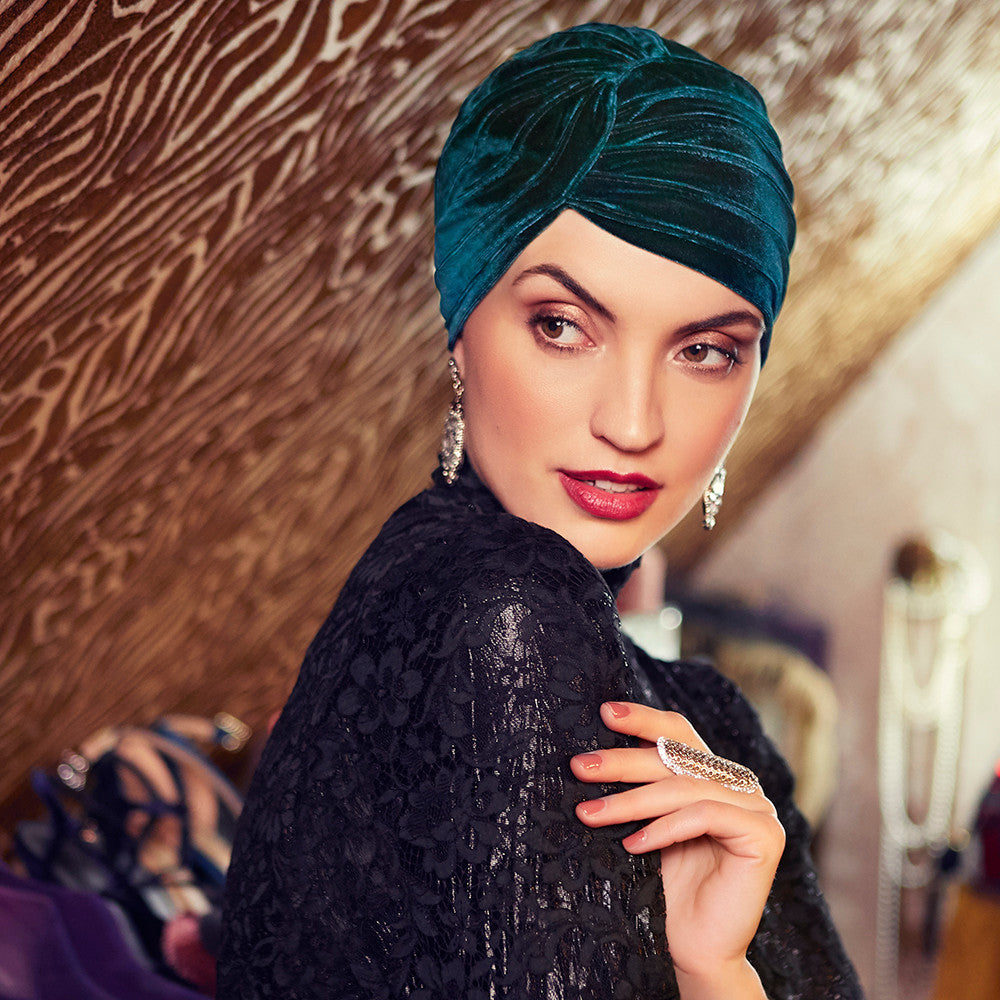 Pearl boho turban velvet dark green